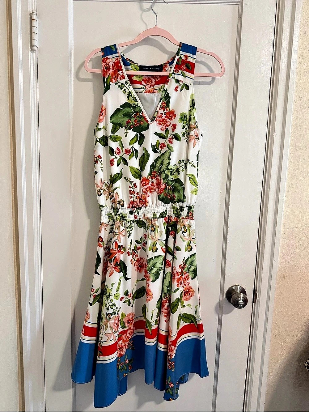 Tommy Hilfiger Floral Midi Dress in White & Blue Size 6 Like New